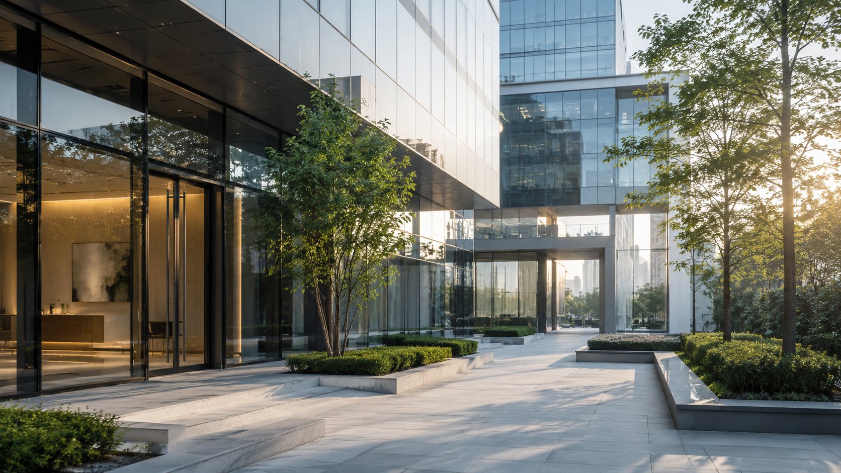 A modern office in morning light, where the work begins