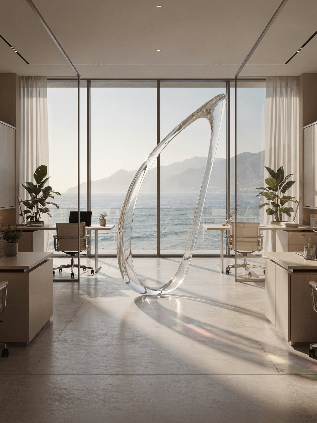 A quiet office overlooking the sea, with a sculptural glass form at its heart